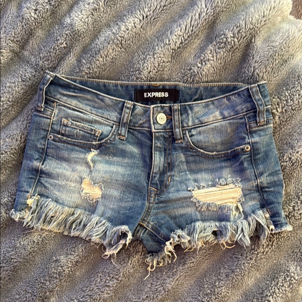 Express Women's Distressed Blue Denim Shorts - Picture 1 of 5